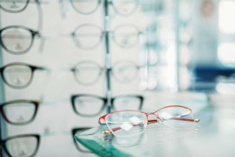 Glasses Showcase In Optic Shop Closeup, Nobody